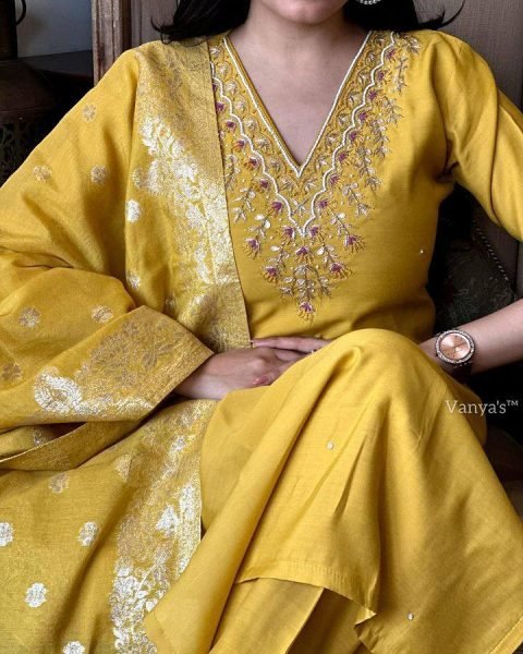 Buy Women s Embroidered Kurti Set   Yellow colour Viscose Chanderi with Jacquard Dupatta 3 Piece Kurti Set