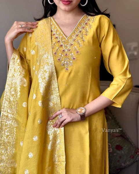 Buy Women s Embroidered Kurti Set   Yellow colour Viscose Chanderi with Jacquard Dupatta 3 Piece Kurti Set