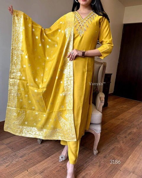 Buy Women s Embroidered Kurti Set   Yellow colour Viscose Chanderi with Jacquard Dupatta 3 Piece Kurti Set