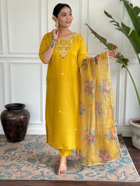 Buy Yellow Chanderi Viscose Kurti Pant With Taby Silk Print Dupatta  3 Piece Kurti Set