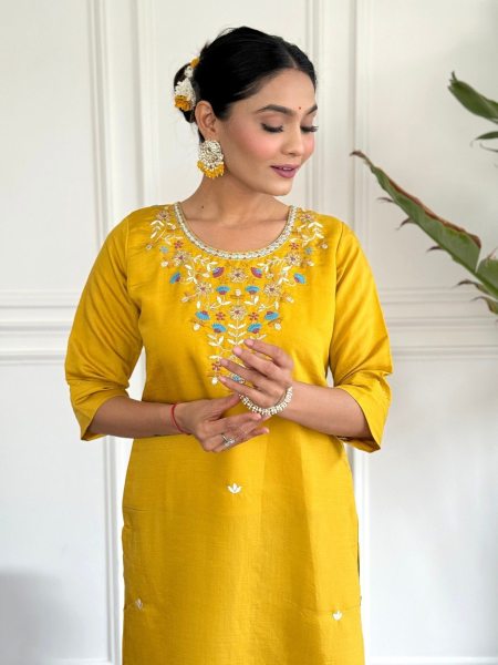 Buy Yellow Chanderi Viscose Kurti Pant With Taby Silk Print Dupatta  3 Piece Kurti Set