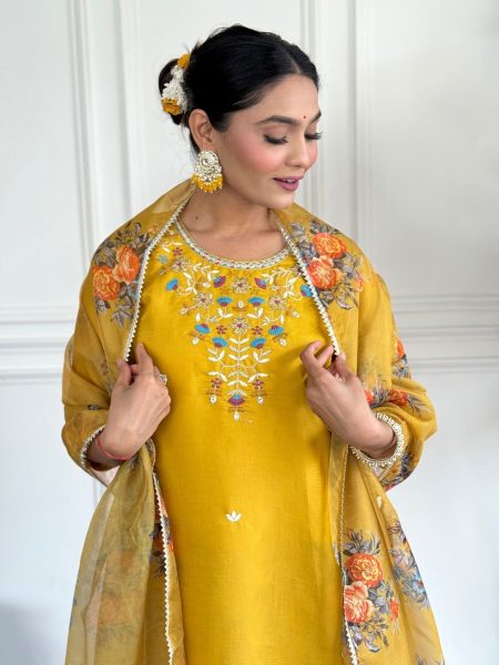 Buy Yellow Chanderi Viscose Kurti Pant With Taby Silk Print Dupatta  3 Piece Kurti Set