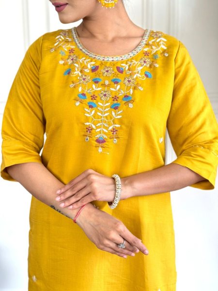 Buy Yellow Chanderi Viscose Kurti Pant With Taby Silk Print Dupatta  3 Piece Kurti Set