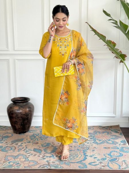 Buy Yellow Chanderi Viscose Kurti Pant With Taby Silk Print Dupatta  3 Piece Kurti Set