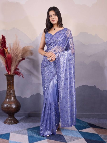 C Pallu Handwork With Sequence Twill Net Saree Collection  Sarees 