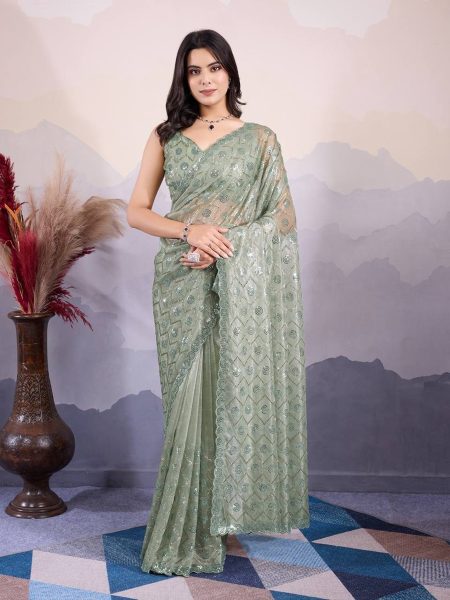 C Pallu Handwork With Sequence Twill Net Saree Collection  Net Sarees Wholesale