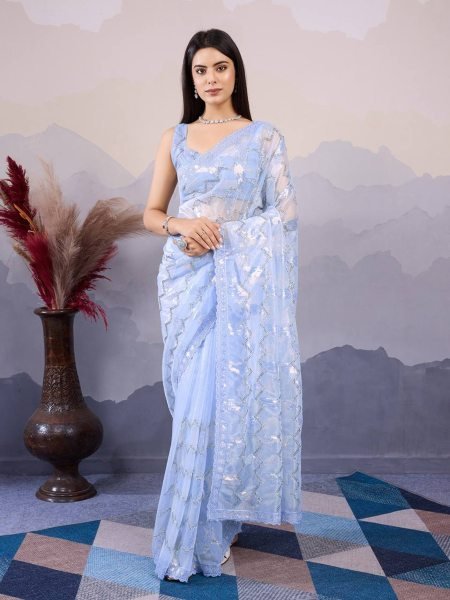 C   Pallu Net Saree With Embroidery And Cut Work Border   Net Sarees Wholesale
