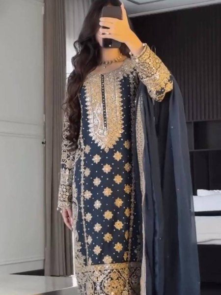 Captivating Navy Blue Georgette Readymade Pakistani Suit at Wholesale Rate Ready To Wear Suit