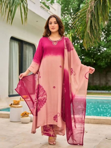 Captivating Peach Chinon Silk Digital Printed Plazzo Suit for Graceful Festive Look 