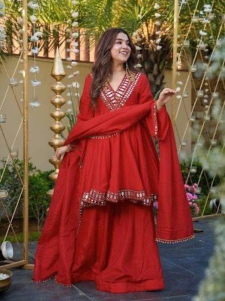 Captivating Red Fully Stithed  Silk Sharara  Suit for Night Party Wear 