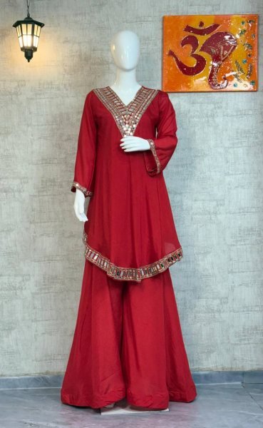 Captivating Red Fully Stithed  Silk Sharara  Suit for Night Party Wear Ready To Wear Collection