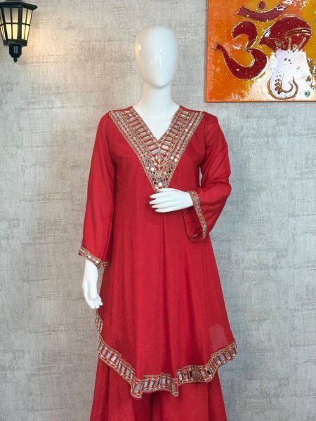 Captivating Red Fully Stithed  Silk Sharara  Suit for Night Party Wear Ready To Wear Collection