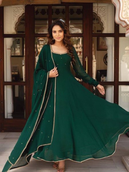 Casual Wear Green Color Georgette Gown With Dupatta   Salwar Kameez