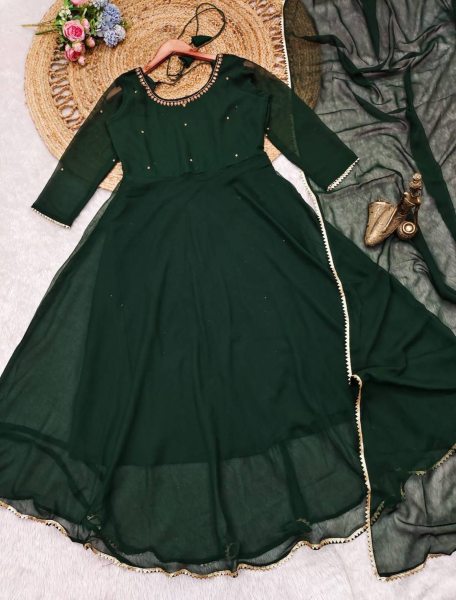 Casual Wear Green Color Georgette Gown With Dupatta   Anarakali Gown Wholesale