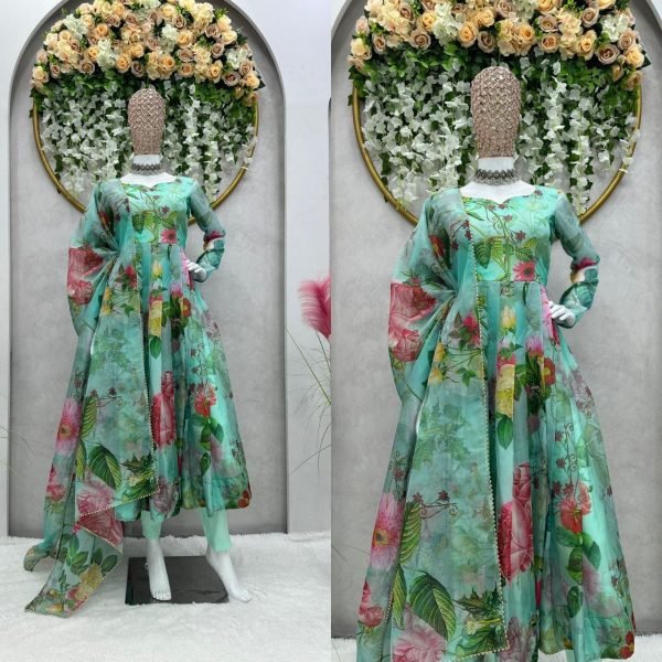 Casual Wear Silk Organza Anarkali Suit 3 Piece Kurti Set
