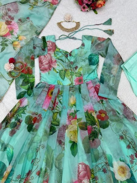 Casual Wear Silk Organza Anarkali Suit 3 Piece Kurti Set
