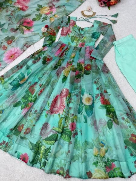 Casual Wear Silk Organza Anarkali Suit 3 Piece Kurti Set