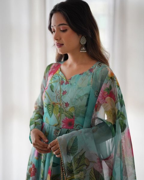 Casual Wear Silk Organza Anarkali Suit 3 Piece Kurti Set