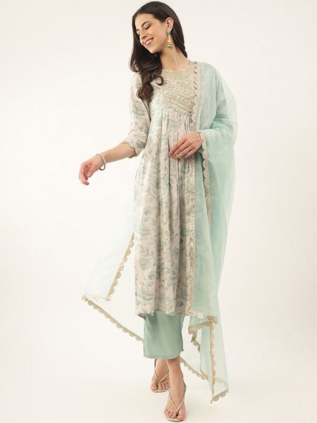 Casual Wear Womens Pista Cotton Printed Kurta Set  3 Piece Kurti Set