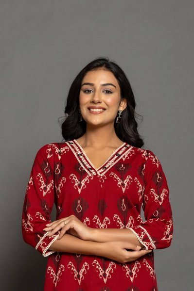 Casual Women's Red Colour Printed And Handwork   Cotton Co-ord set - Kurta-set CO ORD Sets