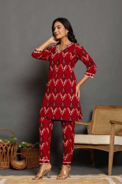 Casual Women's Red Colour Printed And Handwork   Cotton Co-ord set - Kurta-set CO ORD Sets