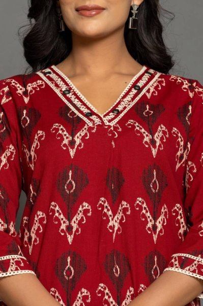 Casual Women's Red Colour Printed And Handwork   Cotton Co-ord set - Kurta-set CO ORD Sets