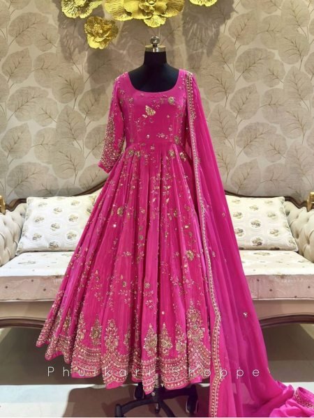 Celebratory Chinnon Silk 5mm Sequins Embroidery Gown with Palazzo     Net Dupatta For Boutique   Wedding Events 