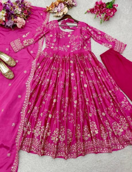 Celebratory Chinnon Silk 5mm Sequins Embroidery Gown with Palazzo     Net Dupatta For Boutique   Wedding Events Anarkali Kurtis 