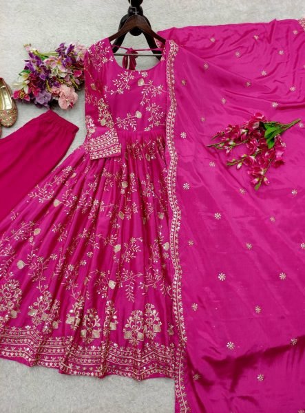 Celebratory Chinnon Silk 5mm Sequins Embroidery Gown with Palazzo     Net Dupatta For Boutique   Wedding Events Anarkali Kurtis 