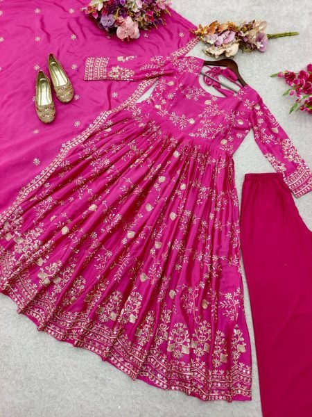 Celebratory Chinnon Silk 5mm Sequins Embroidery Gown with Palazzo     Net Dupatta For Boutique   Wedding Events Anarkali Kurtis 