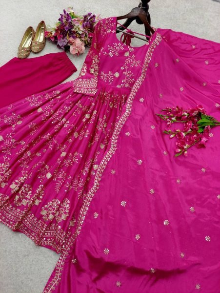 Celebratory Chinnon Silk 5mm Sequins Embroidery Gown with Palazzo     Net Dupatta For Boutique   Wedding Events Anarkali Kurtis 
