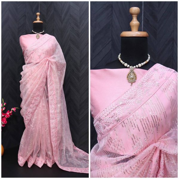 Celebrity-Inspired Organza Silk Saree with Embroidery & Sequence Work Organza Sarees Wholesale