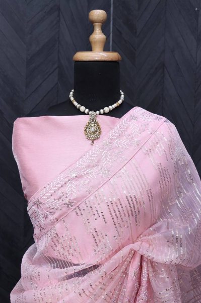 Celebrity-Inspired Organza Silk Saree with Embroidery & Sequence Work Organza Sarees Wholesale