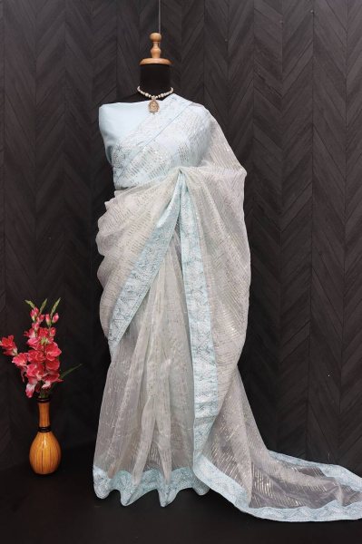 Celebrity-Inspired Organza Silk Saree with Embroidery & Sequence Work Organza Sarees Wholesale