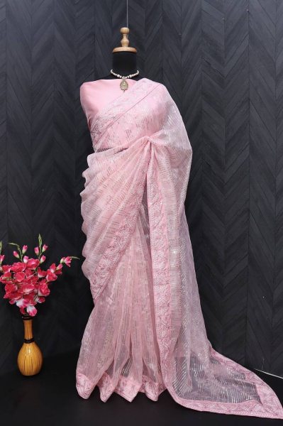 Celebrity-Inspired Organza Silk Saree with Embroidery & Sequence Work Organza Sarees Wholesale