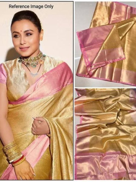 Celebrity Inspired Rani Mukerji Tissue Silk Saree Golden Banarasi Saree at Best Wholesale Prices 