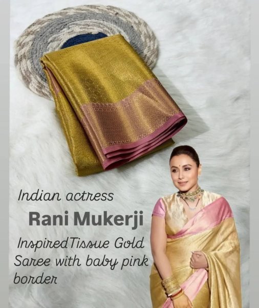 Celebrity Inspired Rani Mukerji Tissue Silk Saree Golden Banarasi Saree at Best Wholesale Prices Silk Sarees Wholesale