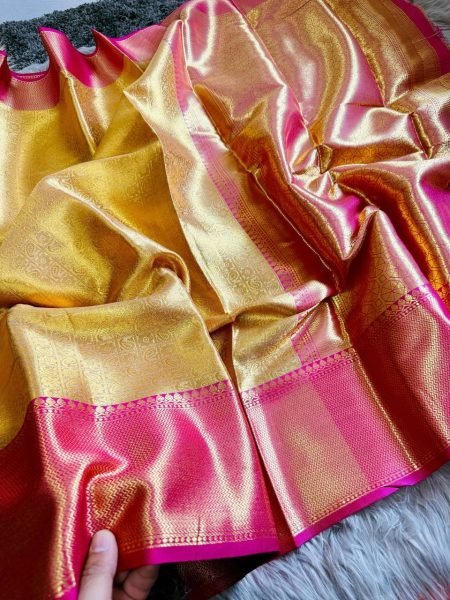 Celebrity Inspired Rani Mukerji Tissue Silk Saree Golden Banarasi Saree at Best Wholesale Prices Silk Sarees Wholesale