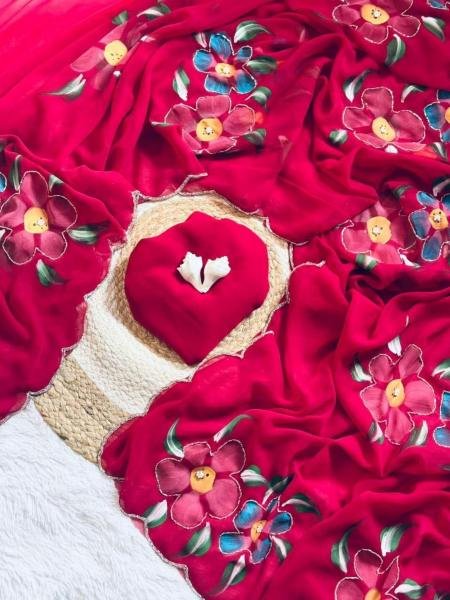 Celebrity Style Floral Handprint Georgette Saree with Cut Dana & Khatali Handwork Georgette Sarees Wholesale