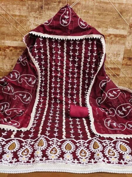 Chanderi Cotton Dress Material With Embroidery Work  Cotton Dress Material