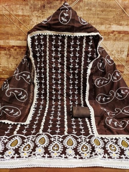 Chanderi Cotton Dress Material With Embroidery Work  Cotton Dress Material