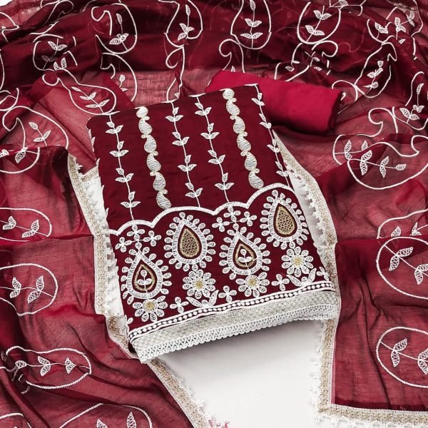 Chanderi Cotton Dress Material With Embroidery Work  Cotton Dress Material