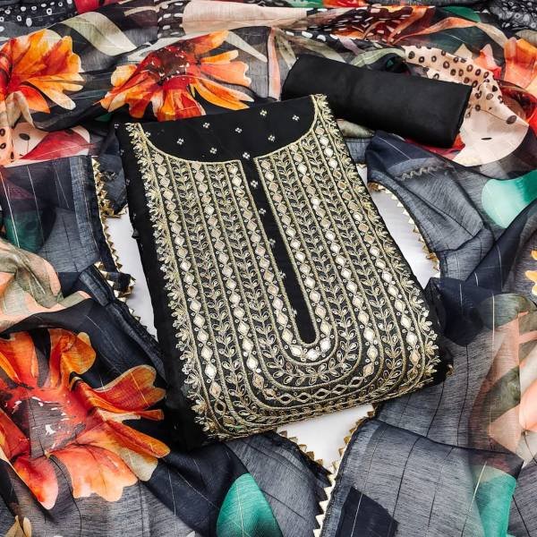 Chanderi Dress Material with Booti Kodding Sequins Work and Chanderi Lining Digital Print Dupatta Color Set Matching Dress Material Wholesale