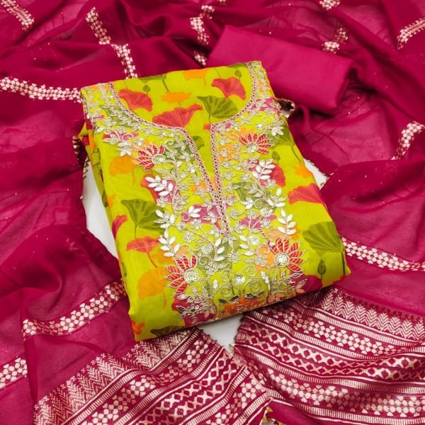 Chanderi Print Suit Material with Codding & Sequence Work – Unstitched Set Color Set Matching Dress Material Wholesale
