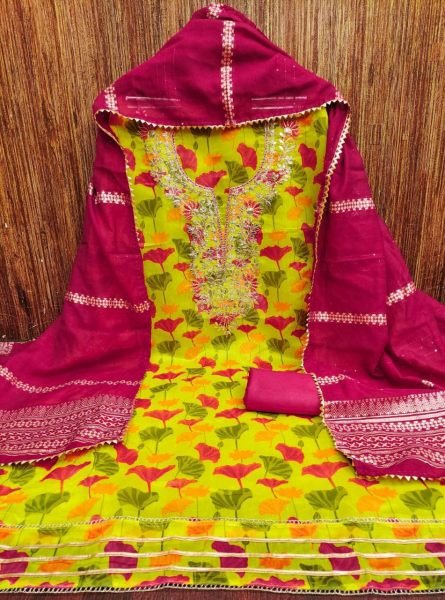 Chanderi Print Suit Material with Codding & Sequence Work – Unstitched Set Color Set Matching Dress Material Wholesale