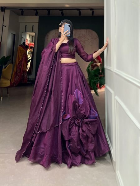 Chanderi Silk Designer Lehenga Choli in Wine Enhanced with Hand Work Designer Lehenga Choli