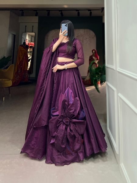 Chanderi Silk Designer Lehenga Choli in Wine Enhanced with Hand Work Designer Lehenga Choli