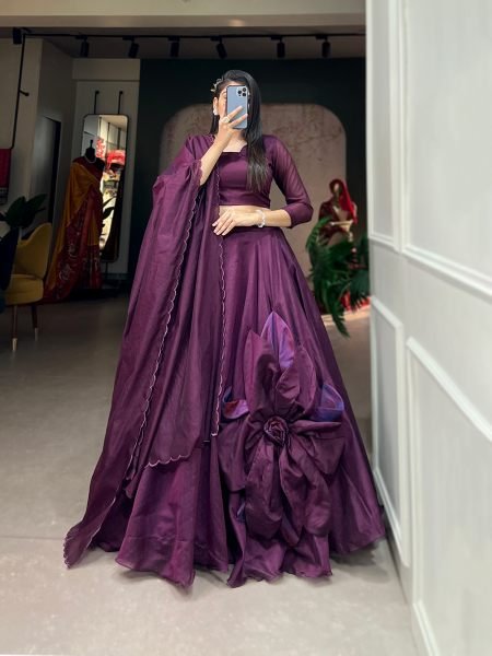 Chanderi Silk Designer Lehenga Choli in Wine Enhanced with Hand Work Designer Lehenga Choli