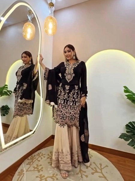 Charcoal Black French Crape Sequins Embroidered Georgette Sharara Suit with Dupatta for Party Wear 