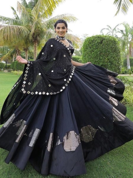  Charcoal Grey Cotton Silk Lehenga Choli with Sequin Butta Perfect for Garba Look  Lehenga